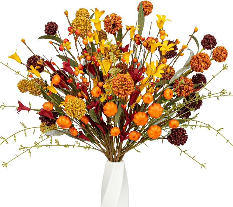 MG MagicGarden 12 Pack Fall Floral Picks 17 Inch Artificial Pumpkin Picks Autumn Flower Stems with Pumpkins Dandelions for Thanksgiving Day Harvest Festival Home Indoor Decorations - Image 1